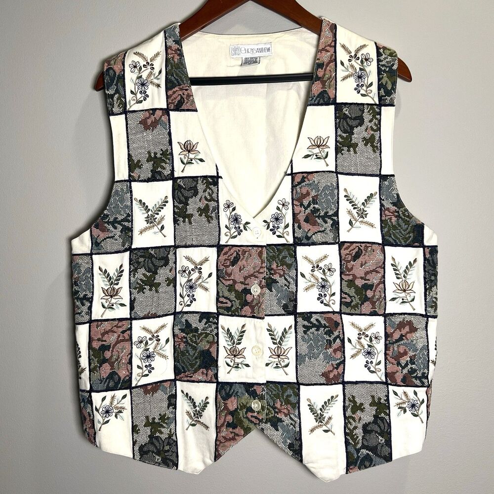 VTG Embroidered Patchwork Vest Botanical Floral Fern Cottagecore Womens L